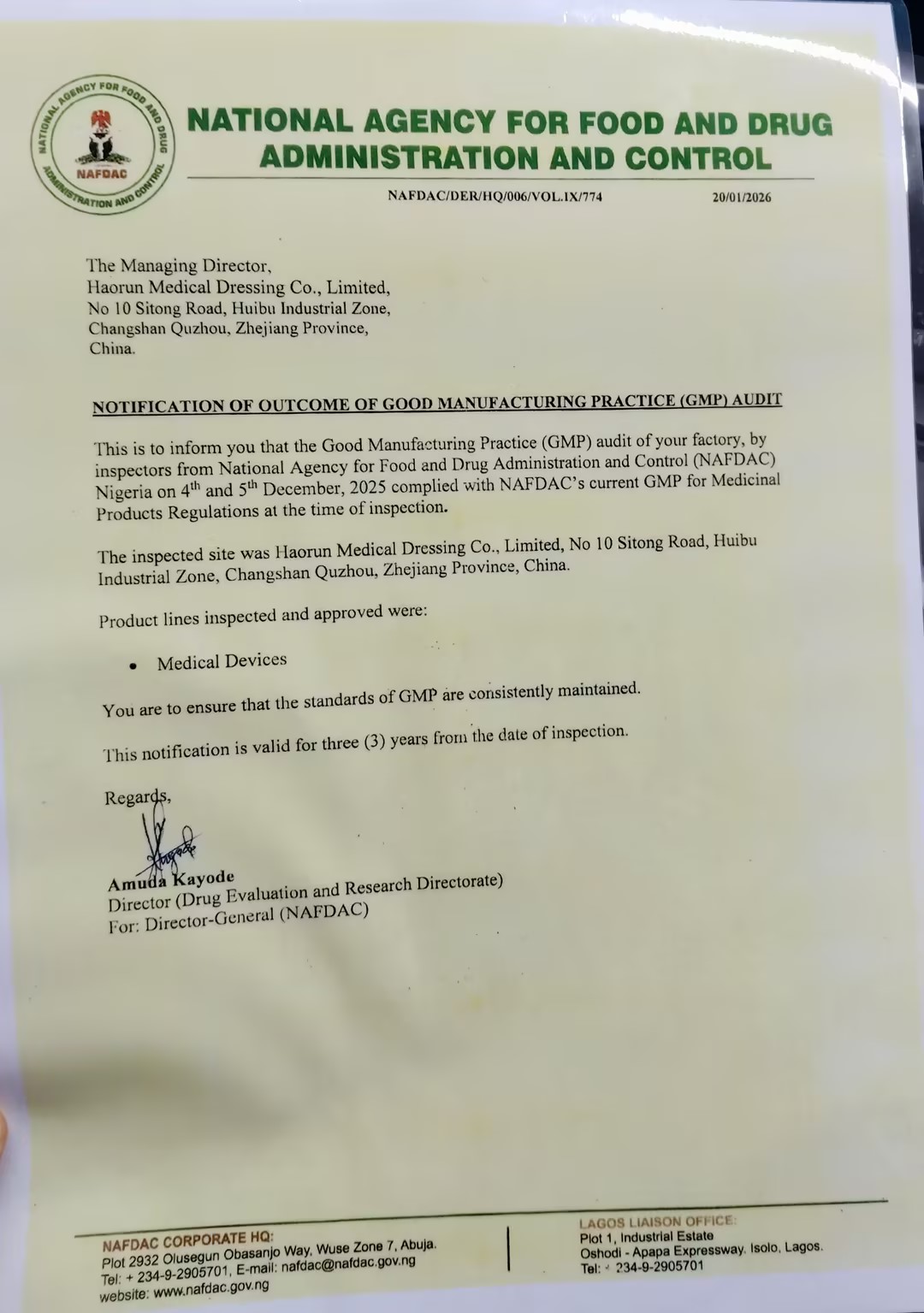 Haorun वैद्यकीय उत्पादने अधिकृतपणे नायजेरिया मध्ये NAFDAC नोंदणी प्रमाणपत्र प्राप्त